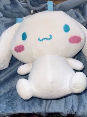 Sanrio Cinnabon White Plush Bunny Backpack with Blue Accents and Pink Cheeks